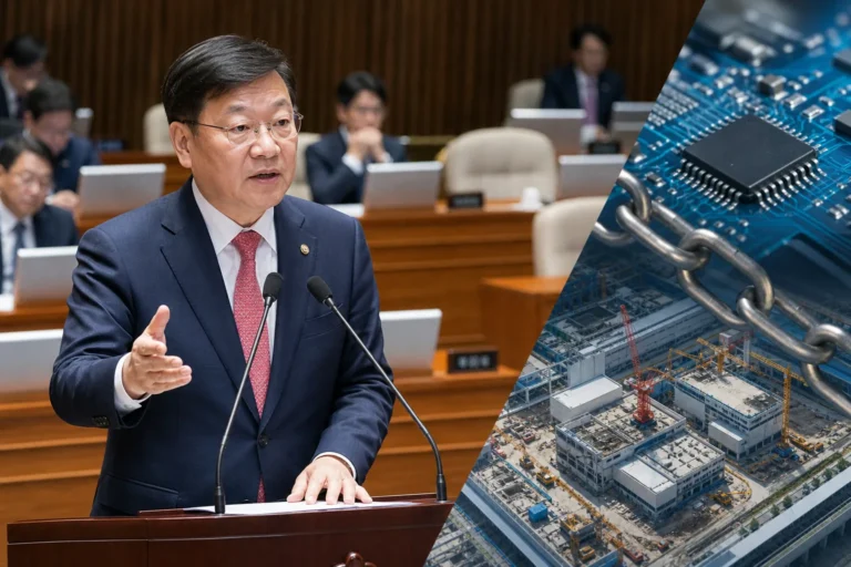 국회 회의장에서 반도체 정책과 노동법 쟁점을 논의하는 장면