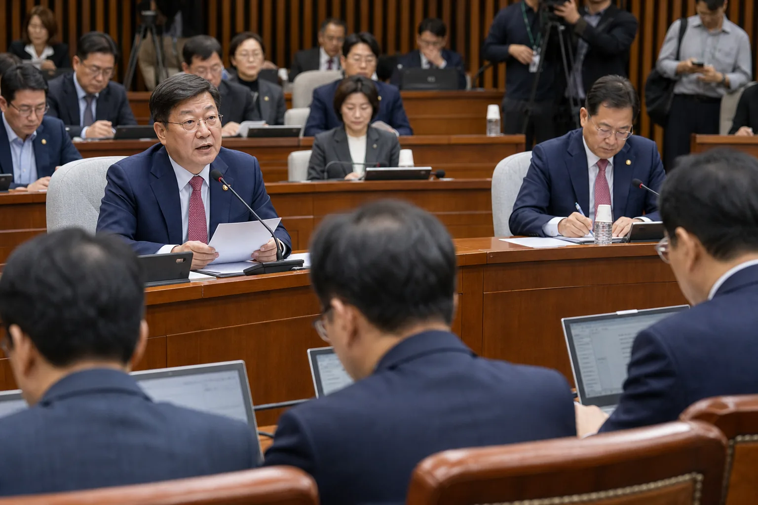 반도체 공장 투자 계획과 노동법 쟁점이 국회 회의 자료로 놓인 장면