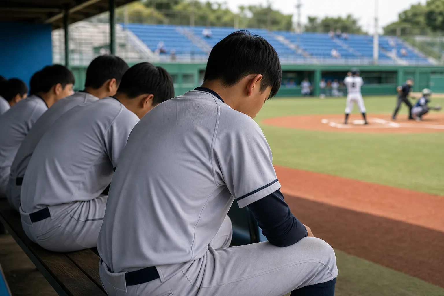 고교야구 경기장 더그아웃과 관중석을 바라보는 장면