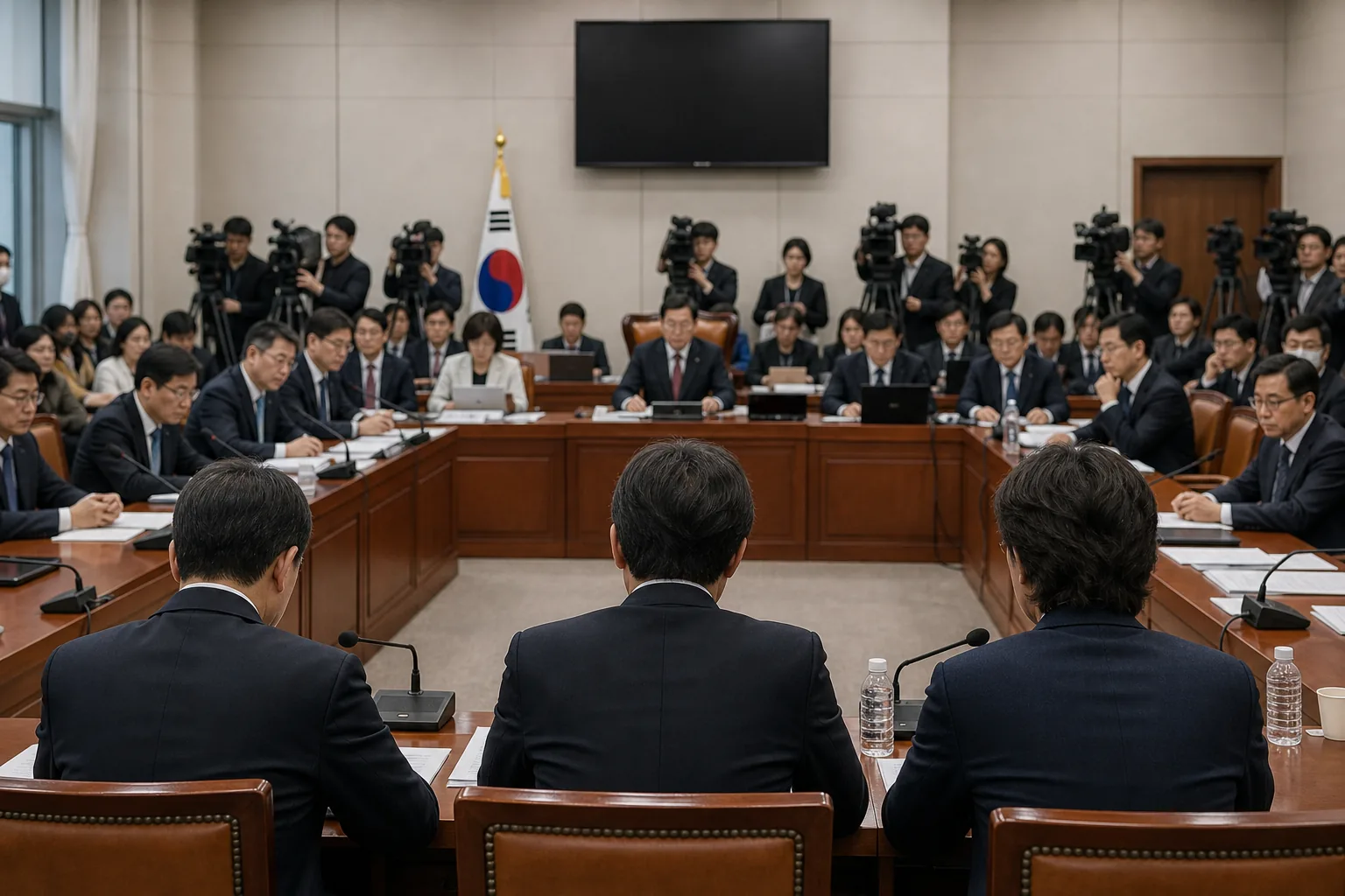 국회 회의장에서 축구협회 현안을 논의하는 이미지