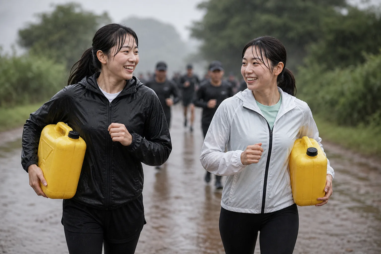 제리캔을 들고 빗속을 달리는 기부 러닝 참가자