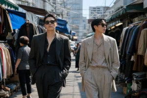 동묘 빈티지 패션 골목을 런웨이처럼 걷는 모델 이미지