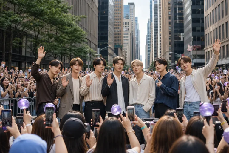 뉴욕 도심에서 열리는 BTS 팬 이벤트를 상징하는 이미지