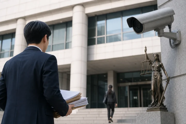 법원 건물과 공공장소 안전 점검을 상징하는 이미지