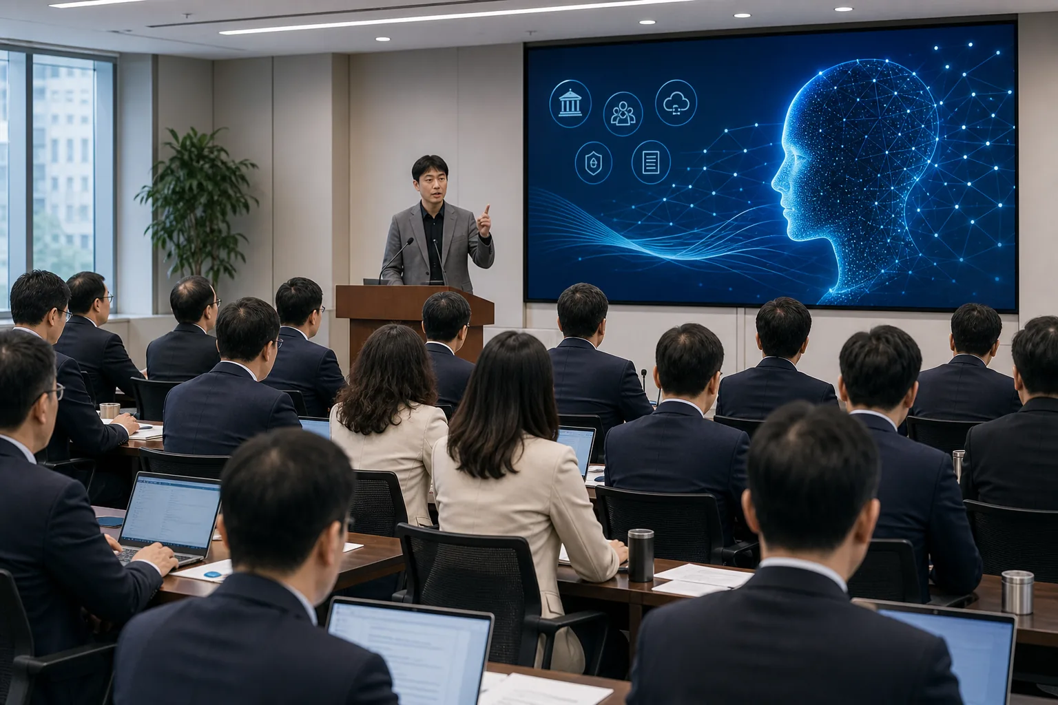 공직자들이 AI 전환 강연을 듣고 행정 데이터를 논의하는 이미지