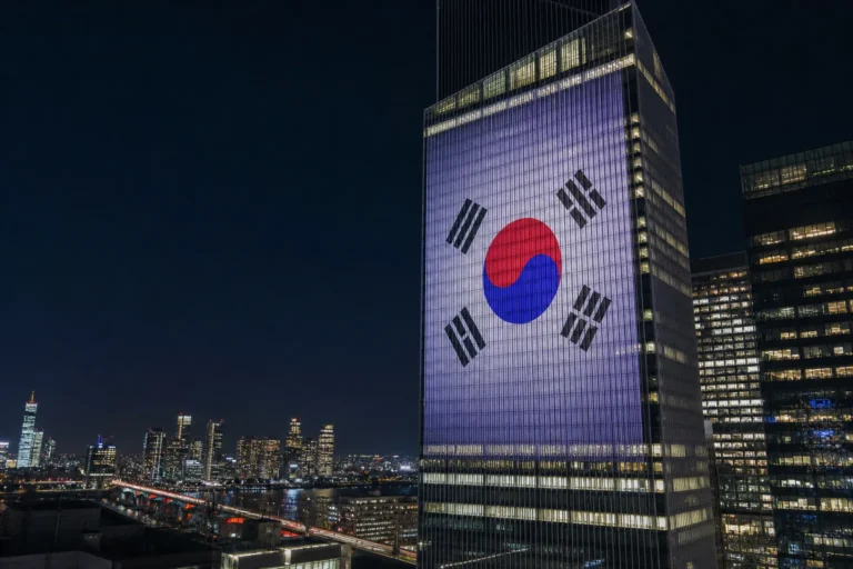 뉴욕 고층 빌딩 태극기 조명과 SK하이닉스 ADR 상장 이미지