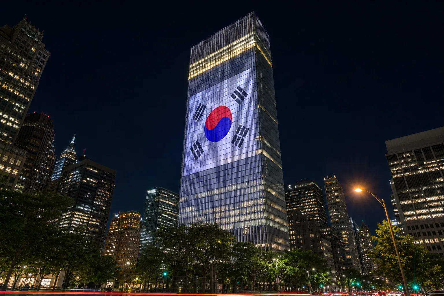 나스닥 상장 전 뉴욕 금융가를 비추는 태극기 조명