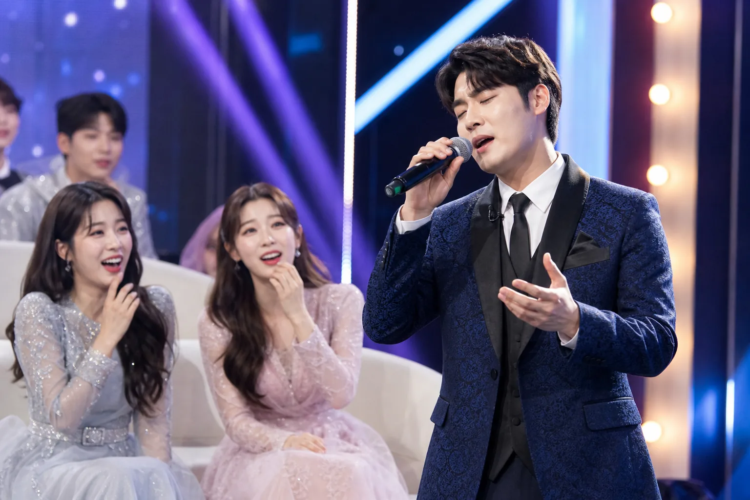 방송 스튜디오에서 평가와 리액션이 오가는 트롯 프로그램 이미지
