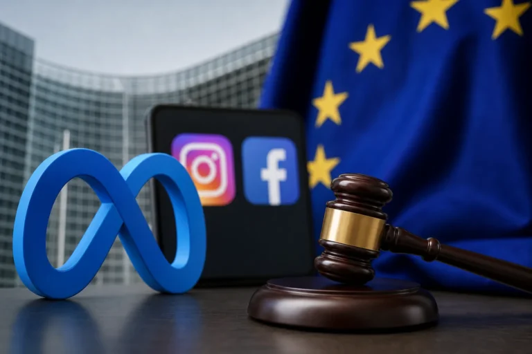 EU 디지털서비스법 조사와 메타 앱 규제를 상징하는 스마트폰 이미지