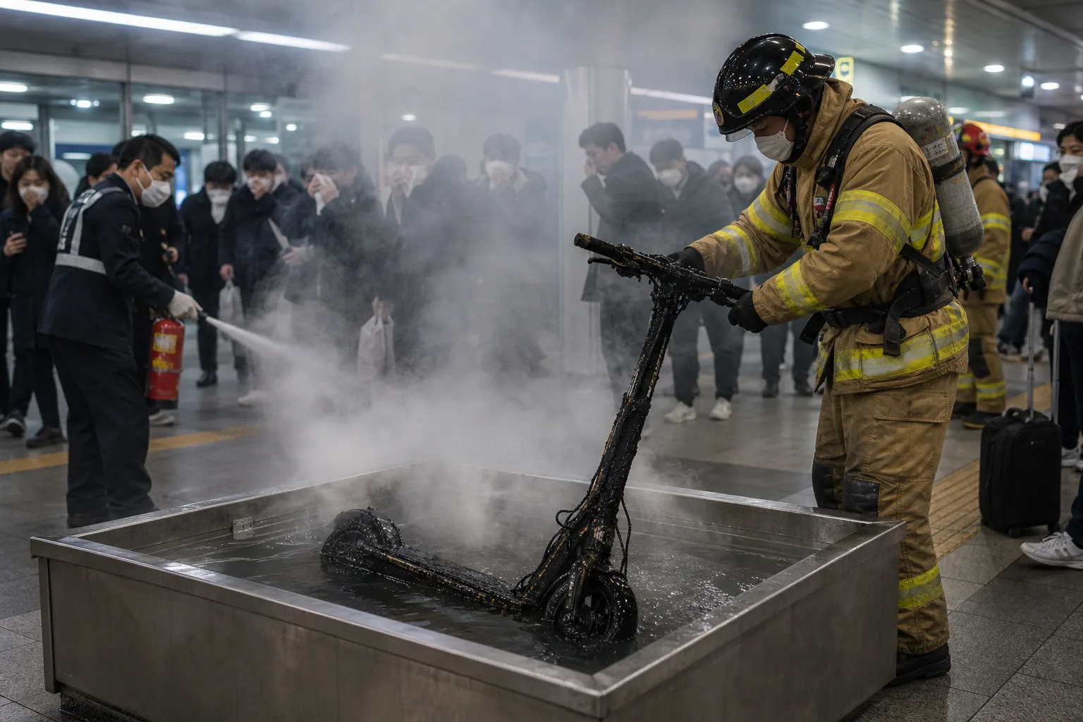 역사 승강장에서 전동킥보드 배터리 화재에 대응하는 장면