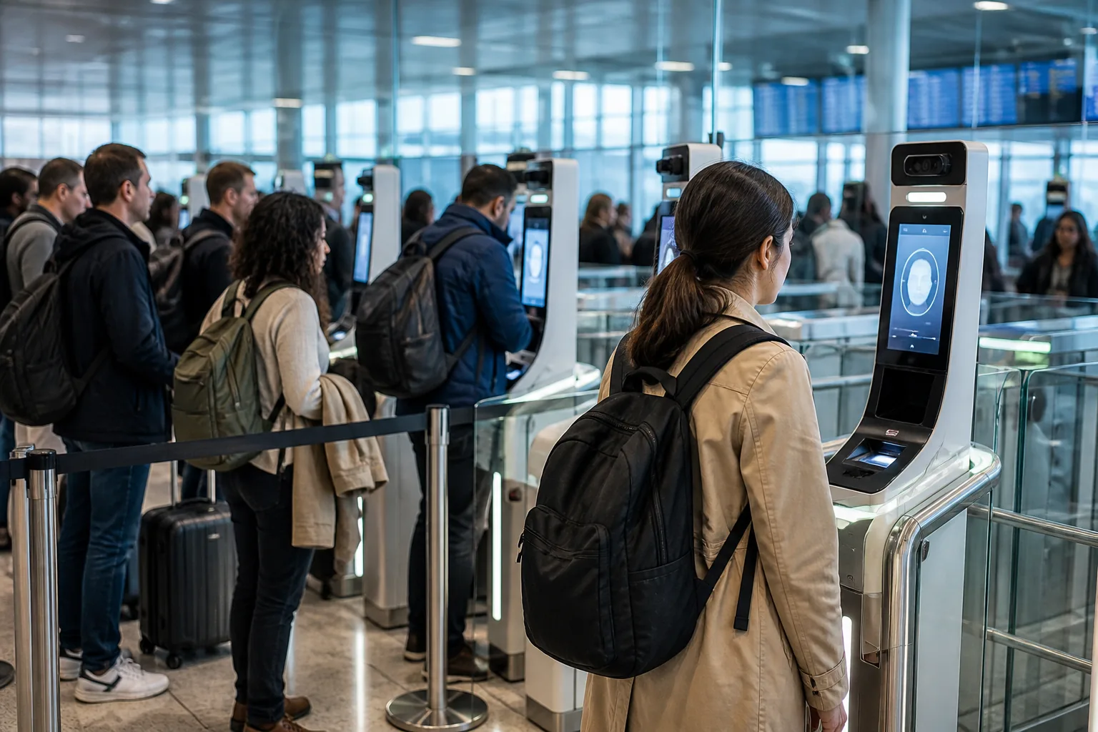 공항 자동 출입국 심사대 앞에 줄 선 여행객 이미지