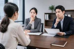 사무실 회의실에서 채용과 노동권 문제를 논의하는 장면