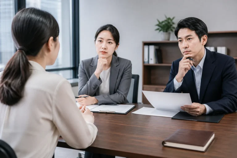 사무실 회의실에서 채용과 노동권 문제를 논의하는 장면