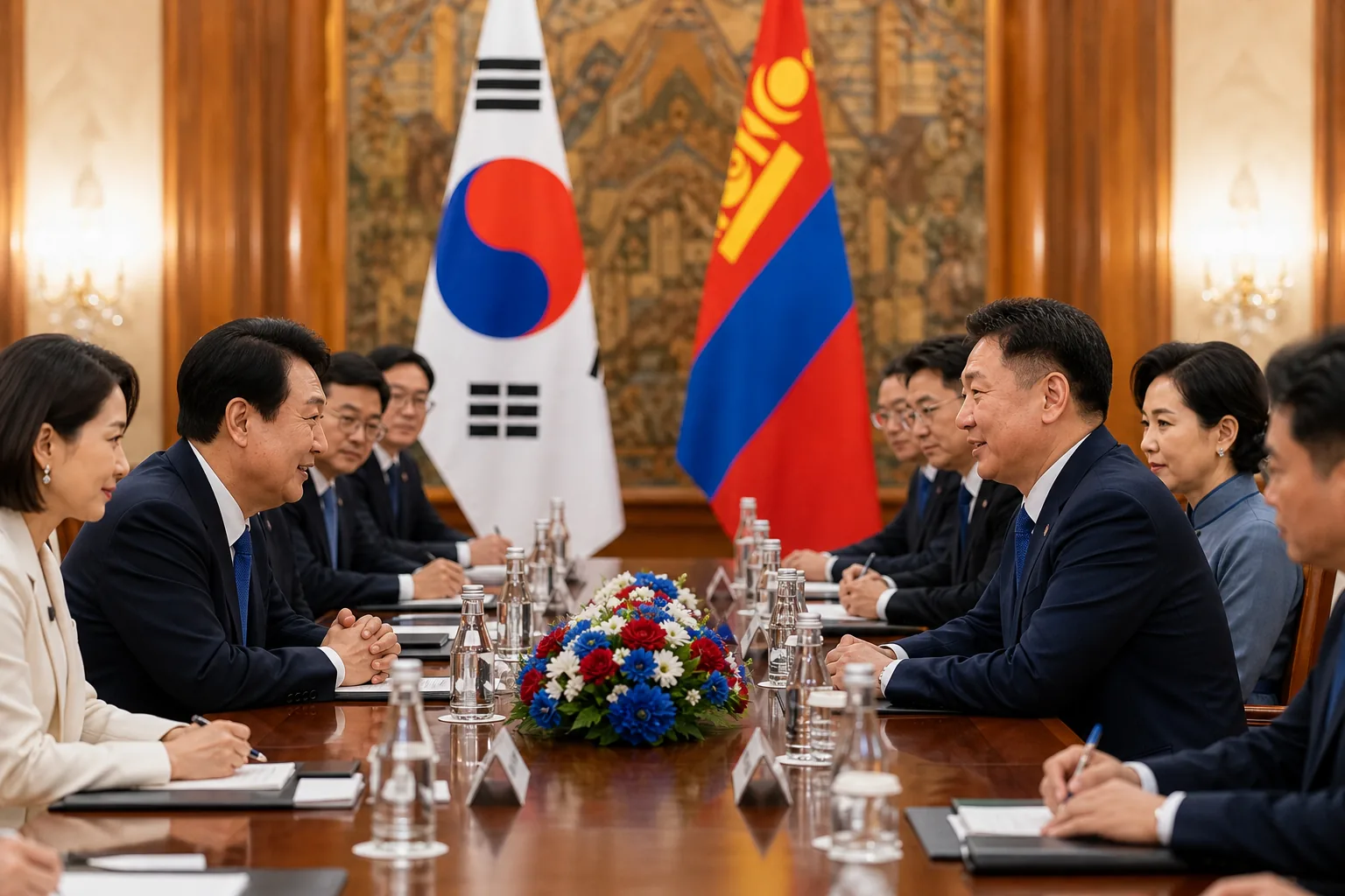 한국과 몽골 대표단이 회담 테이블에서 협력 의제를 논의하는 이미지