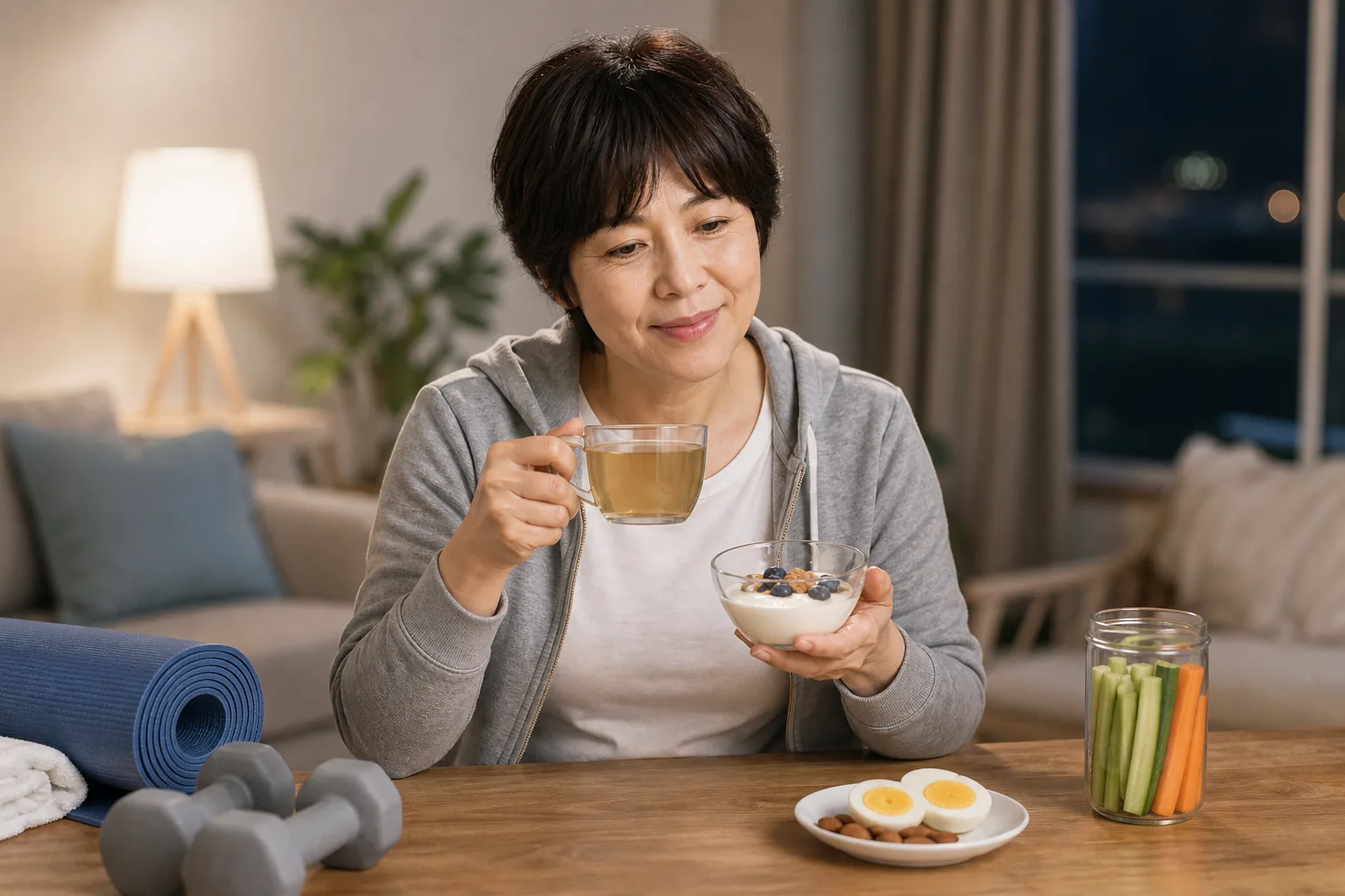 늦은 밤 야식 대신 건강 간식을 고르는 장면 이미지
