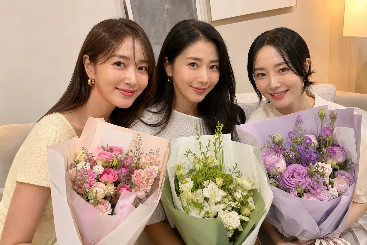 꽃다발과 축하 메시지로 전해진 연예계 우정을 표현한 이미지