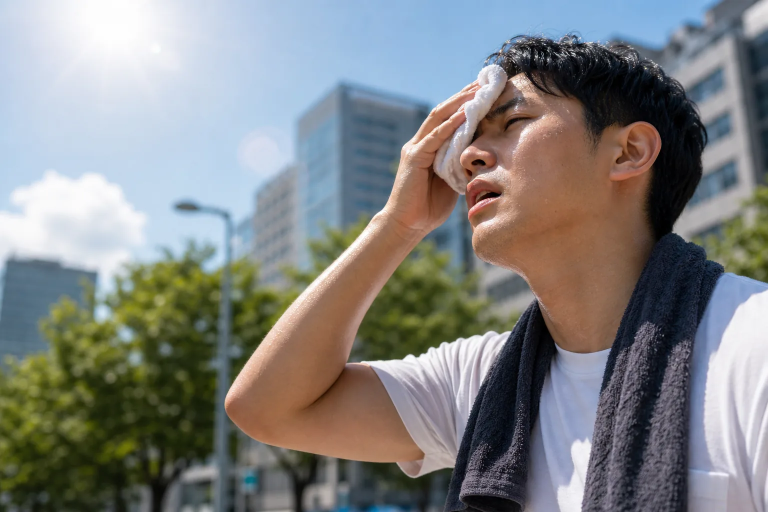 무더운 도심에서 시민들이 양산과 물을 들고 이동하는 이미지