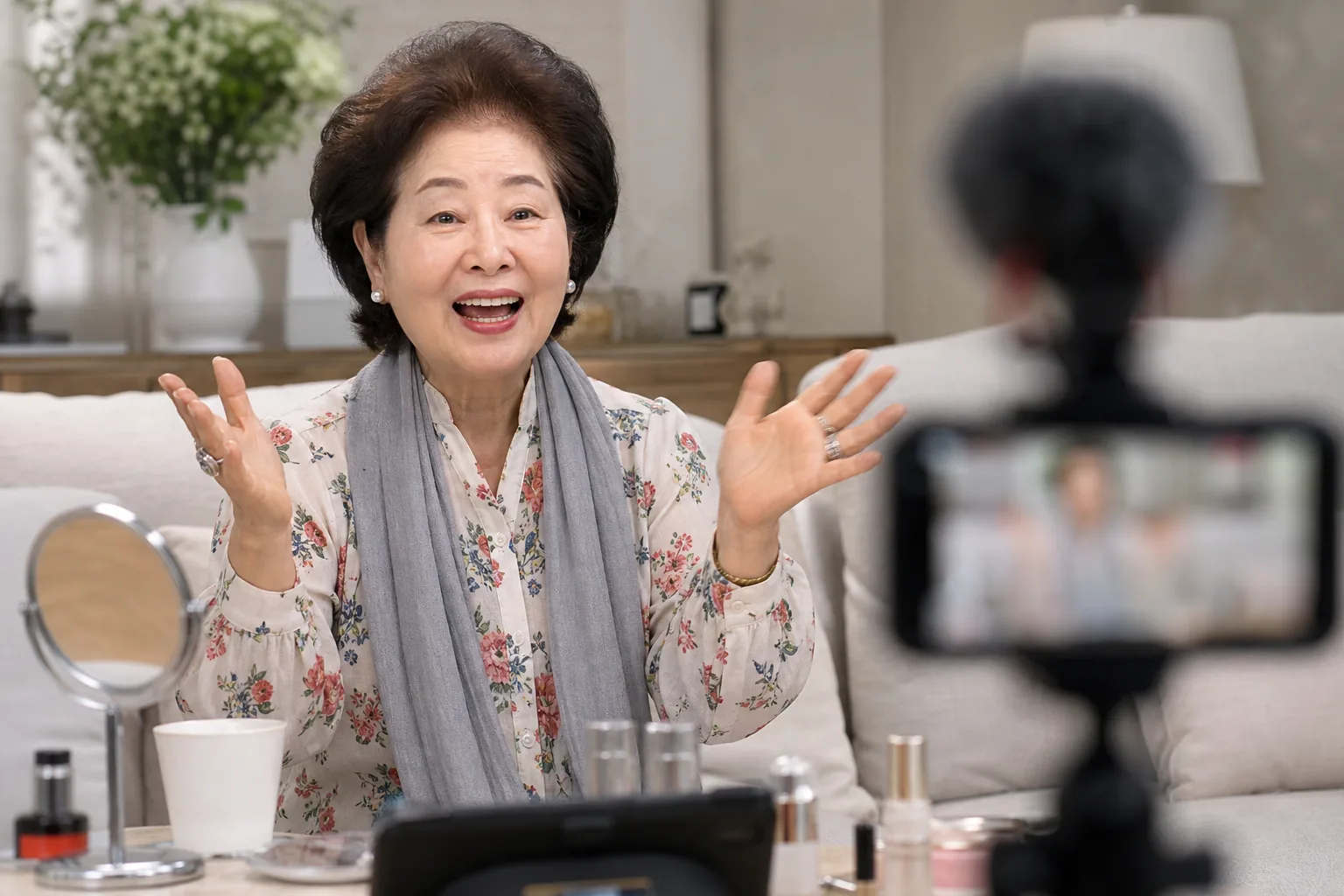 원로 배우가 유튜브 스튜디오에서 젊은 시청자와 소통하는 모습