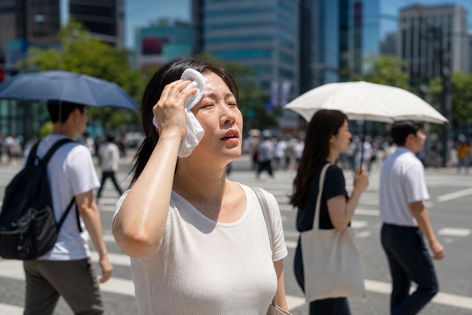 도심 폭염 속 그늘과 물을 찾는 시민들