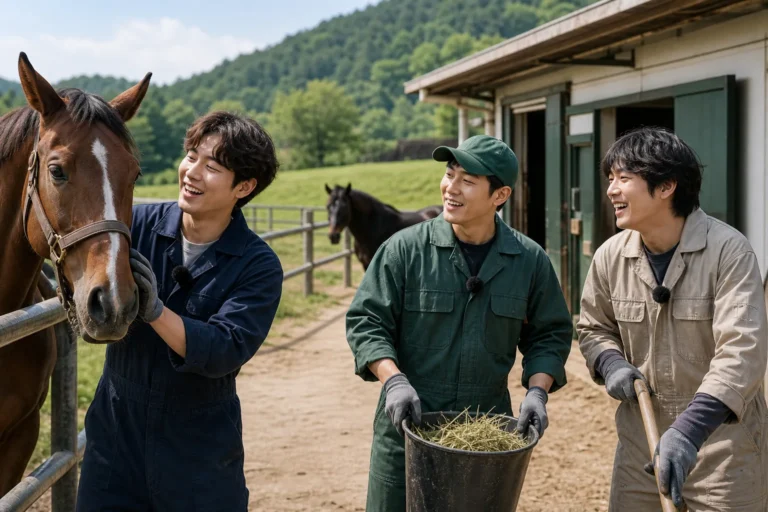 말 목장에서 예능 출연진이 농장 연수를 하는 장면을 표현한 이미지