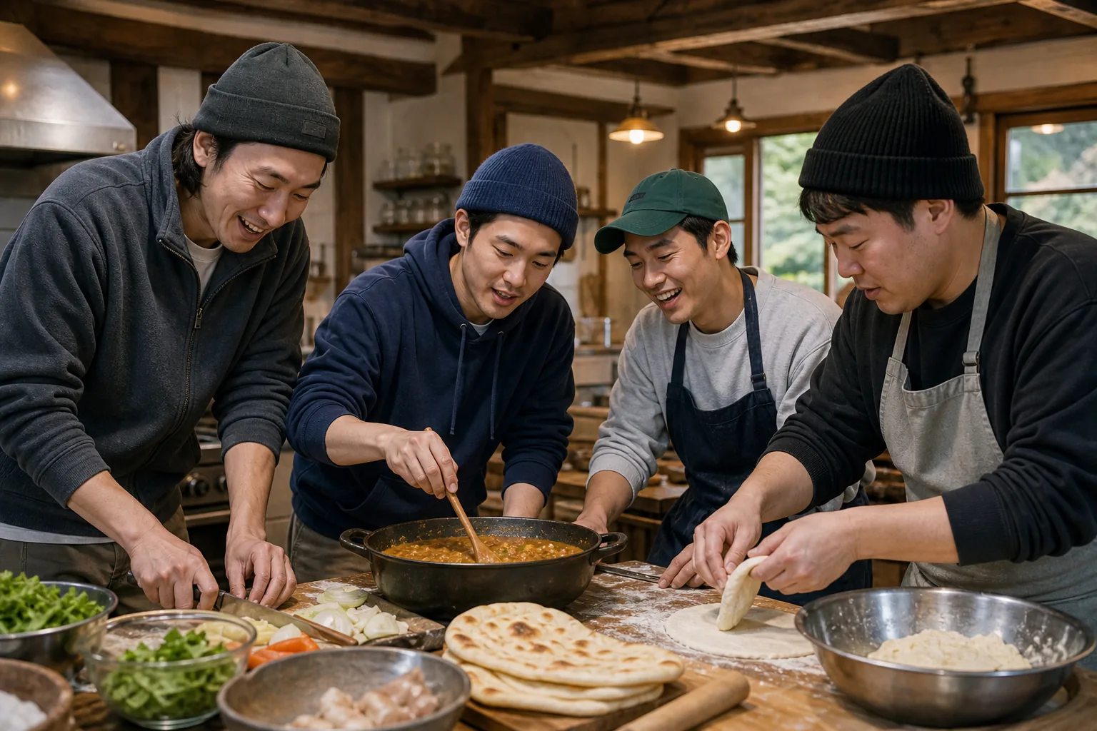 예능 출연진이 목장 식구들과 식사를 준비하는 따뜻한 장면