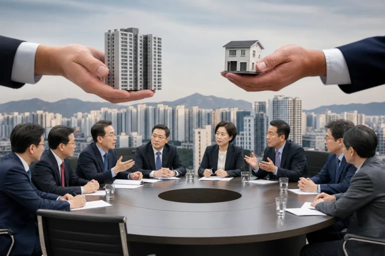 부동산 대토론회와 보유세 쟁점을 상징하는 회의장 이미지