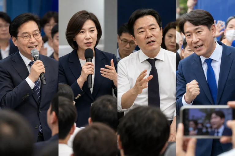 더불어민주당 당권 경선과 후보 경쟁을 상징하는 정치 이미지