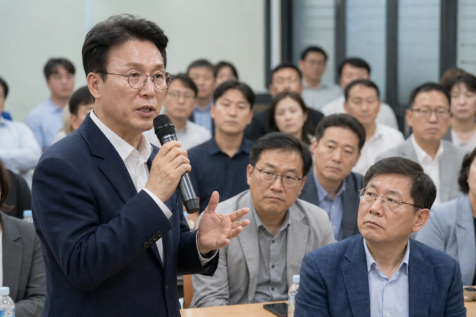 지역 당원 간담회에서 지지를 호소하는 정치인 이미지