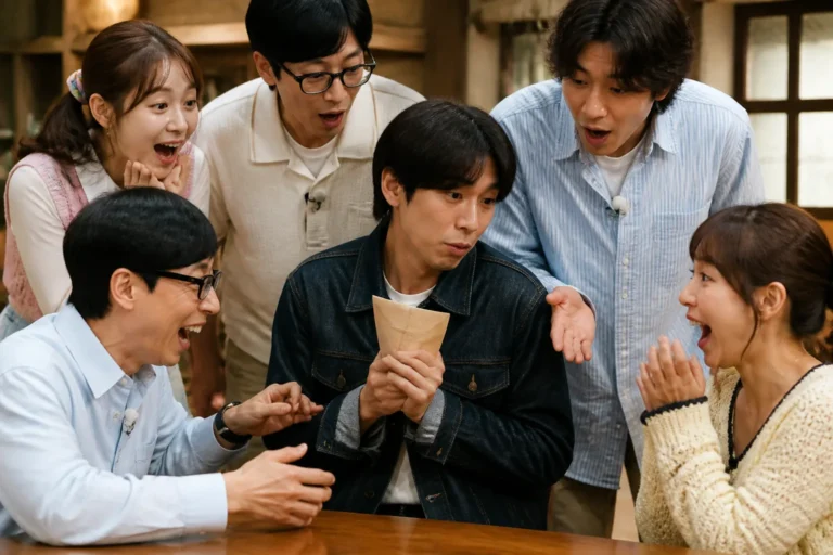 예능 프로그램 촬영 현장의 의리 봉투와 출연진 반응을 표현한 이미지