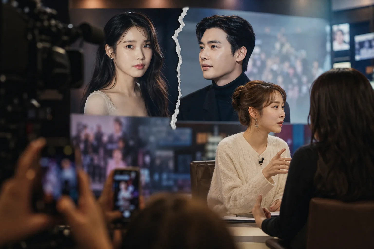 연예 뉴스 스튜디오와 대중 관심을 표현한 이미지