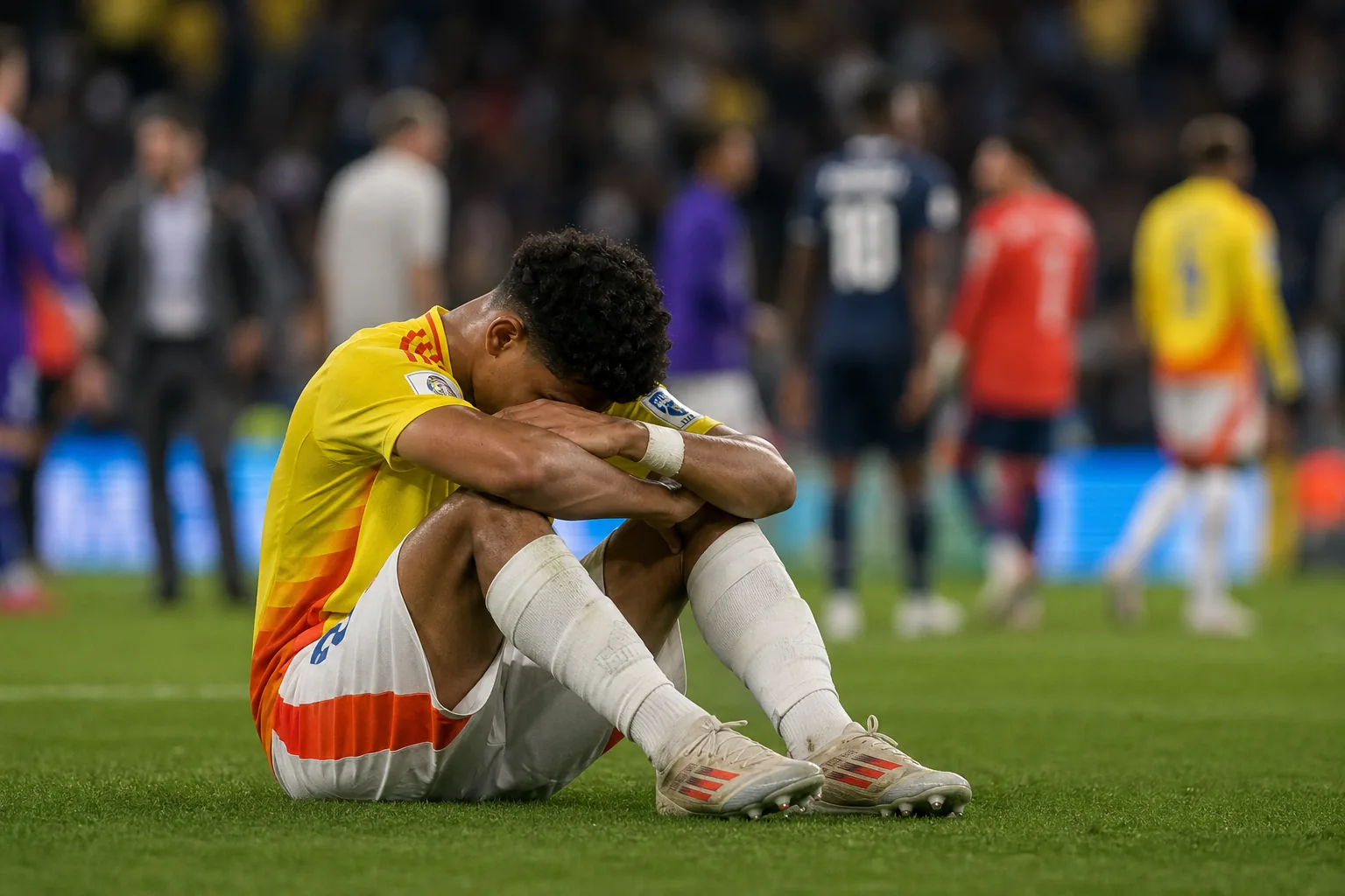 축구 경기장과 압박받는 선수를 표현한 이미지