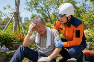 폭염주의보와 온열질환 예방을 상징하는 여름 야외 작업 이미지