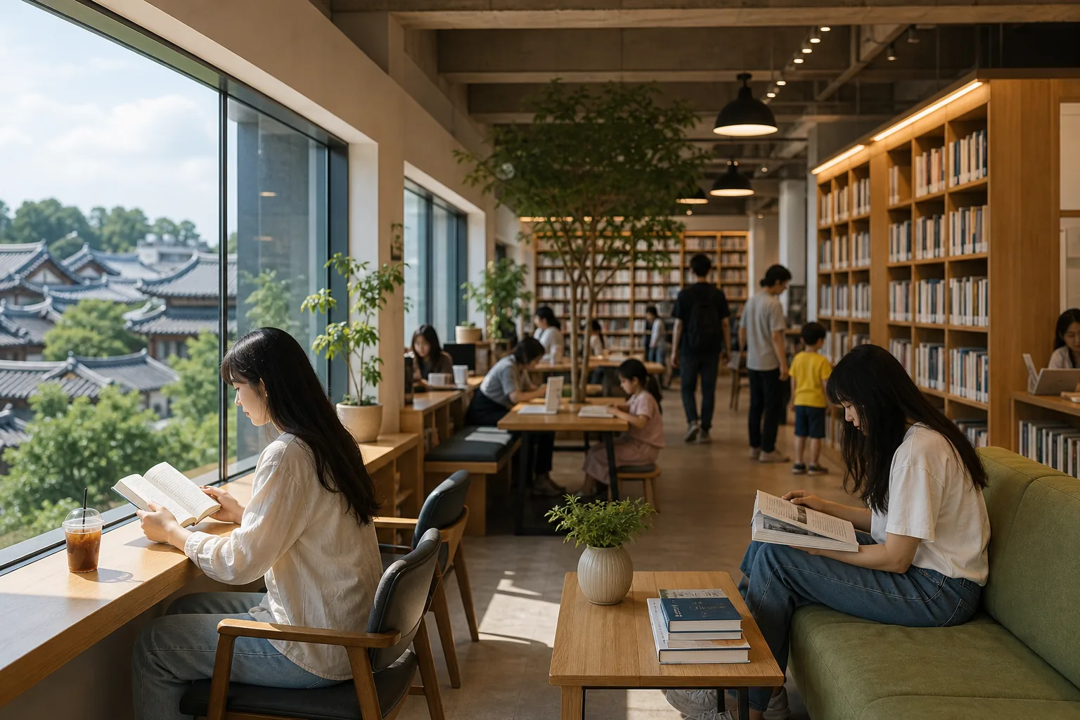 지역 도서관과 주변 골목 상권을 함께 방문하는 여행 동선 이미지