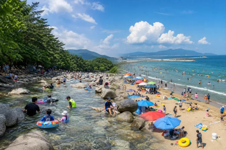 폭염 속 계곡과 바다로 떠난 여름 피서객을 표현한 이미지