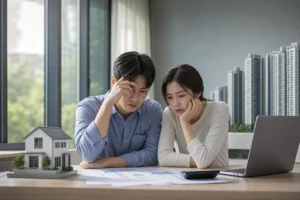 주택담보대출 한도 축소와 부동산 시장 불안을 보여주는 이미지