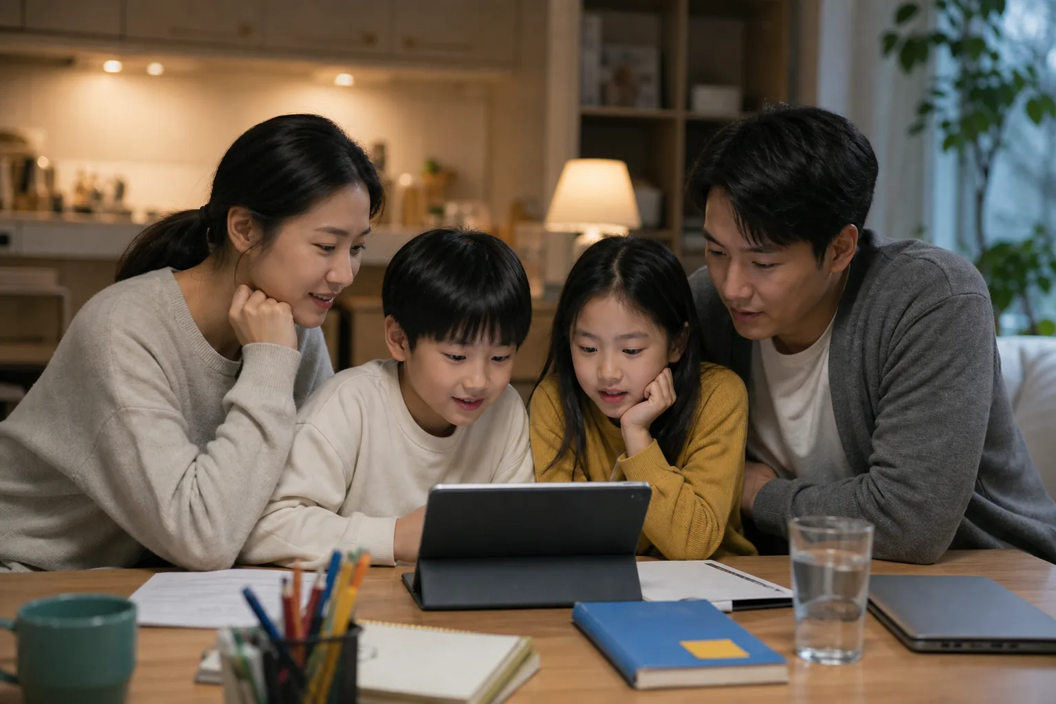 부모와 자녀가 함께 사용하는 생성형 AI 서비스를 표현한 이미지