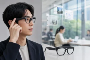 카메라 없는 생산성 중심 스마트안경을 착용한 이용자