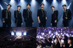 2PM 완전체 콘서트 매진을 상징하는 대형 공연장 무대 이미지