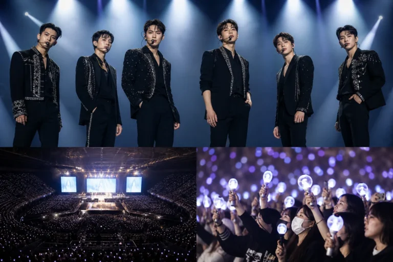 2PM 완전체 콘서트 매진을 상징하는 대형 공연장 무대 이미지