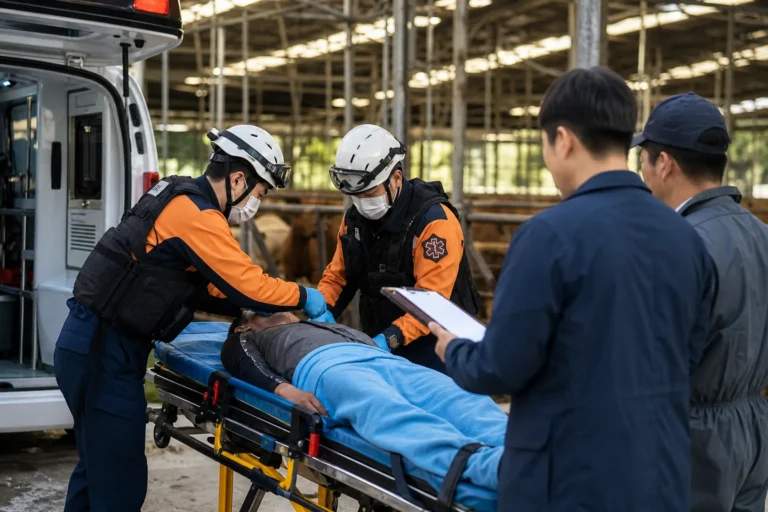 축사 작업장 응급 출동과 노동안전 점검을 상징하는 이미지