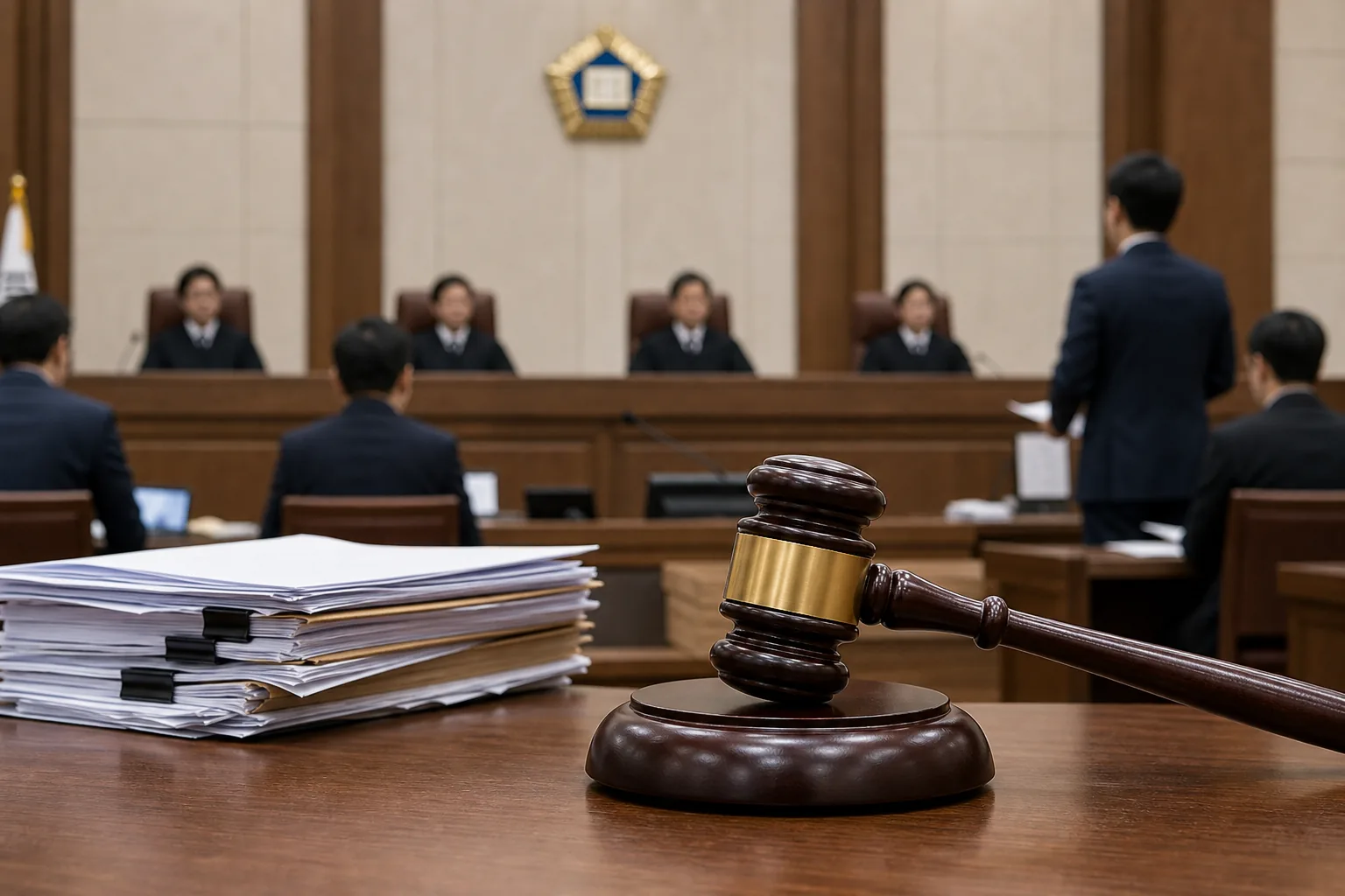 피해자 보호와 재판 지연 방지를 상징하는 법률 이미지