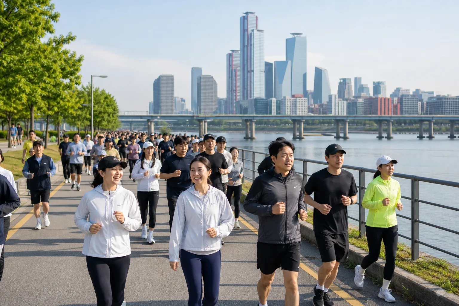 도심 공원에서 시민들이 걷고 뛰는 아침운동 이미지