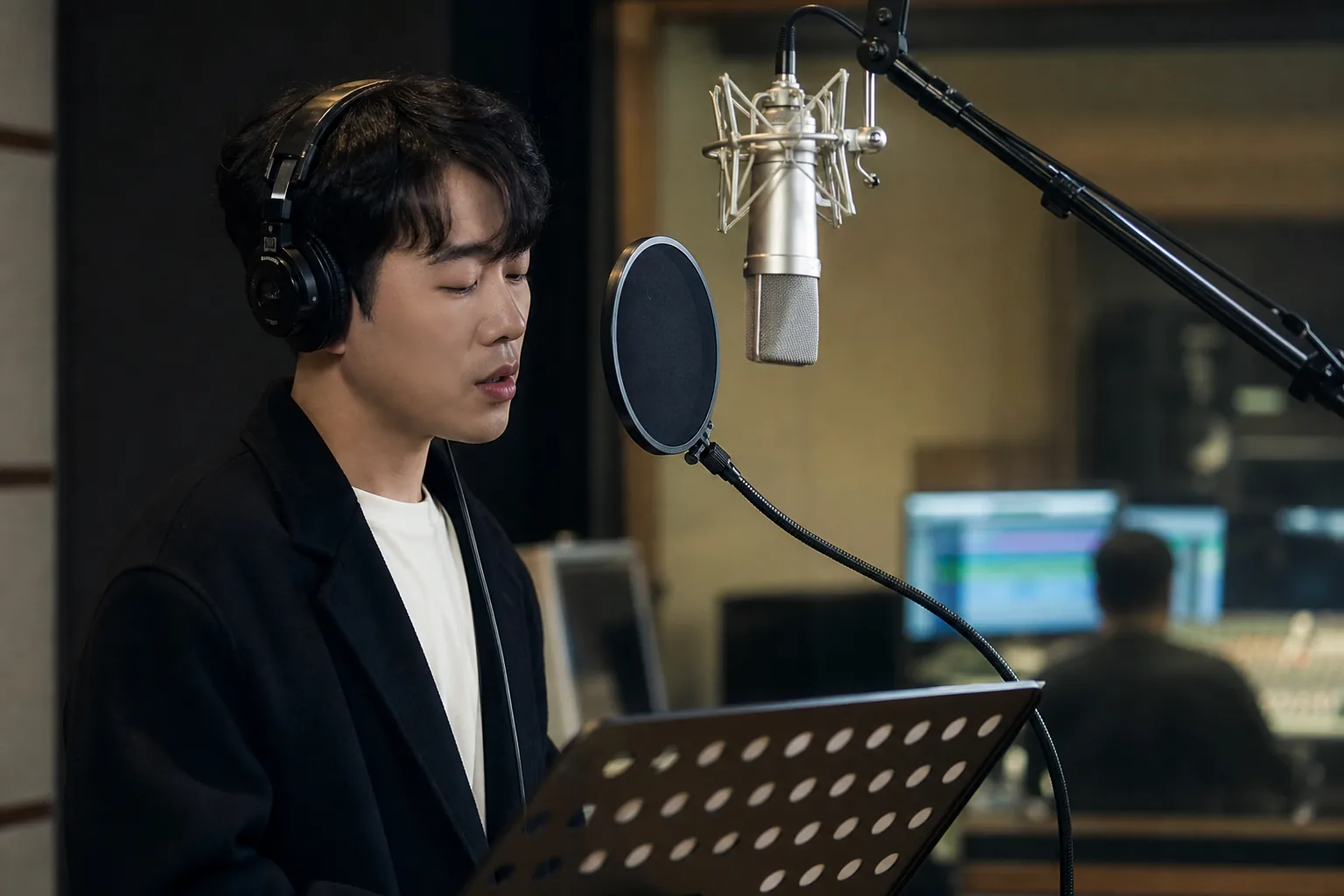 드라마 OST 녹음실과 방송 복귀 전략을 상징하는 이미지