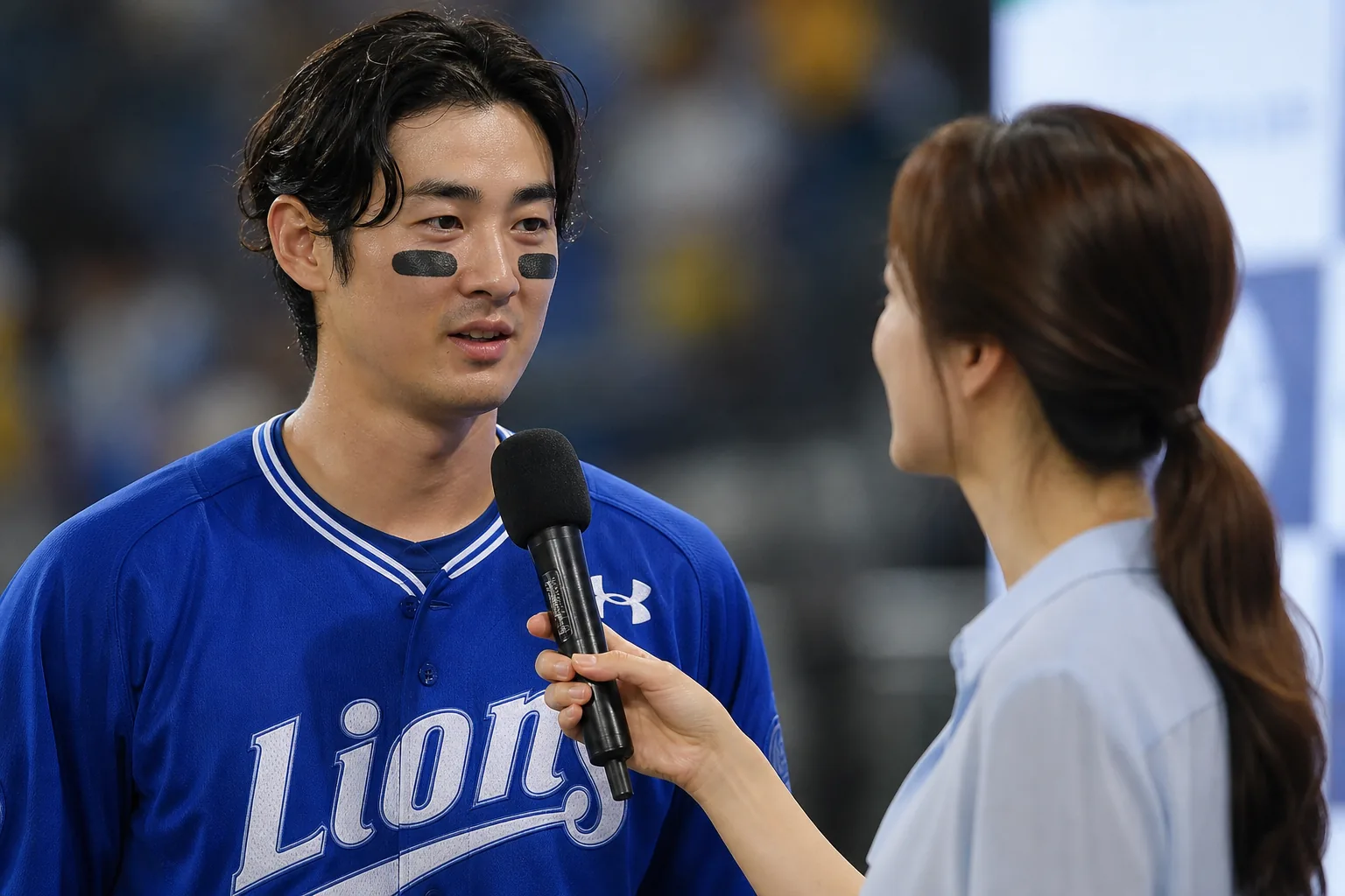 경기 후 MVP 인터뷰에서 질문을 준비하는 방송 진행자