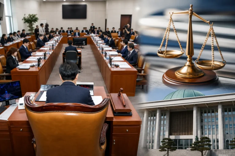 국회 법사위 회의장과 형사사법 제도 개편 논의를 상징하는 이미지