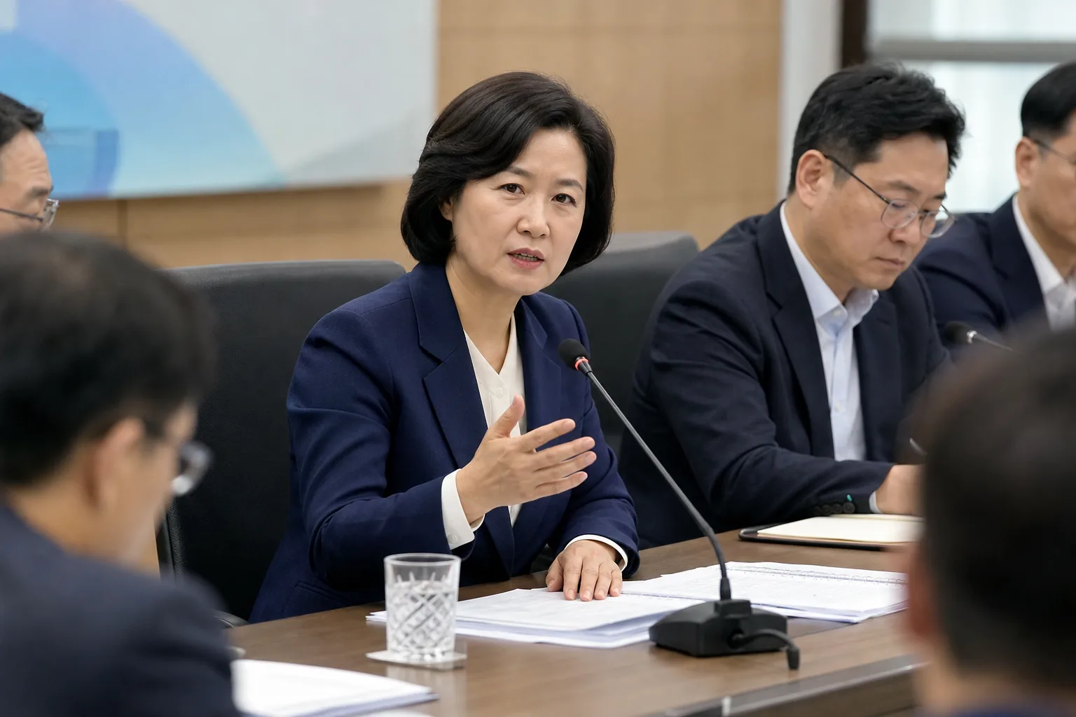 지방정부 간부회의에서 성과와 한계를 점검하는 장면