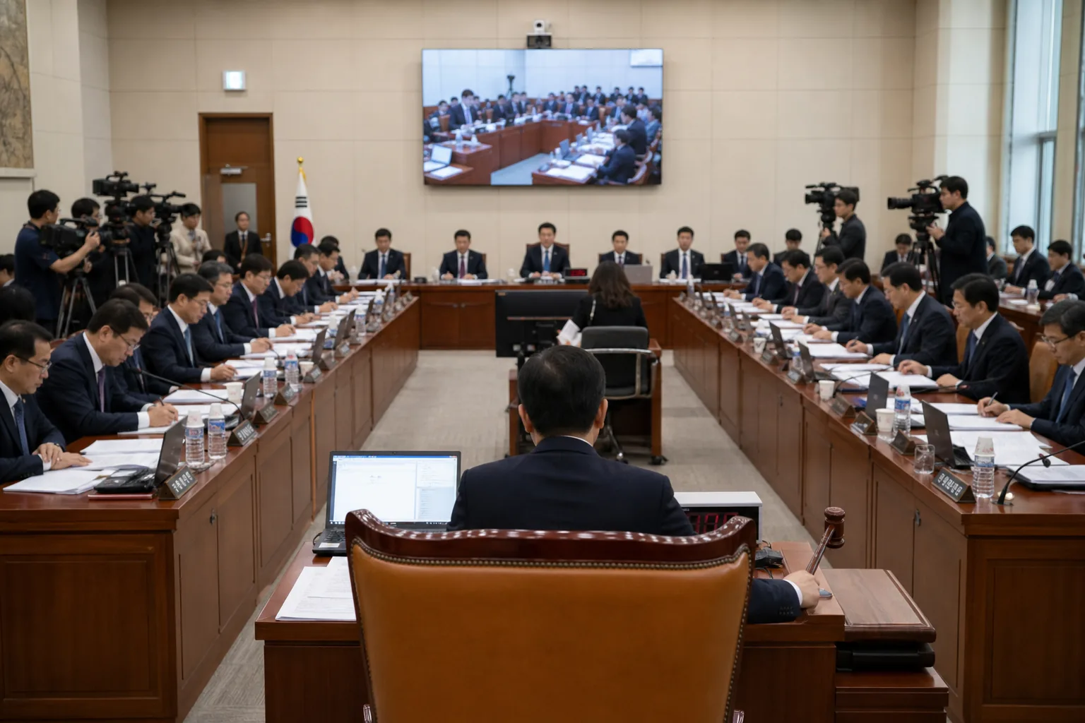 국회 청문회장과 축구 행정 논의를 표현한 이미지