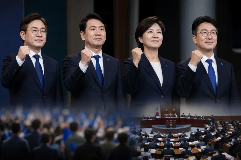 민주당 당권 경쟁과 정치 행사 분위기를 표현한 이미지