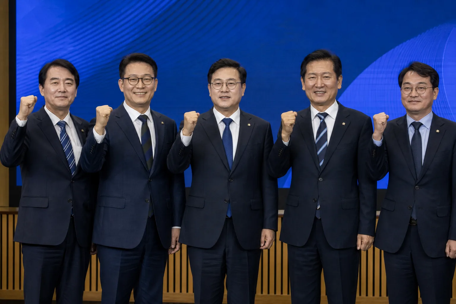 정당 행사장에서 당권 주자들이 발언하는 정치 뉴스 이미지