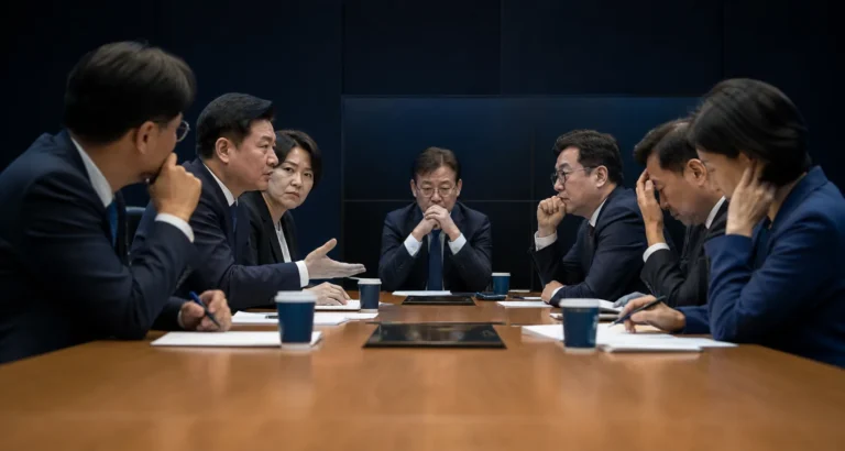 민주당 전당대회 선호투표제 논란을 상징하는 정치 회의 이미지